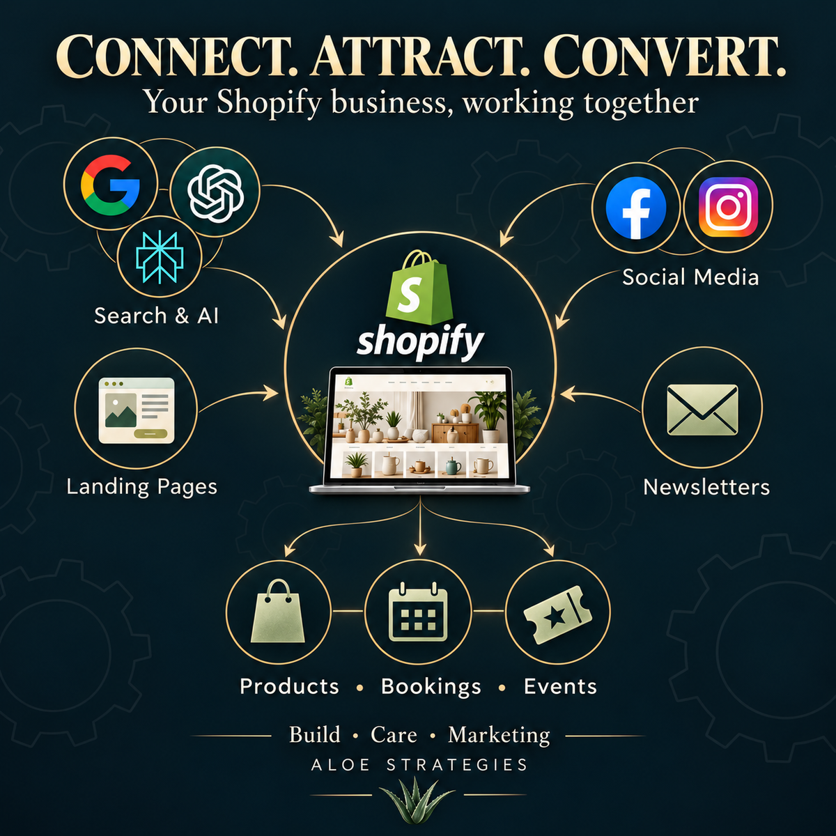Connect, Attract, Convert — Search and AI, social media, landing pages and newsletters connect to Shopify products, bookings and events. ALOE Strategies.