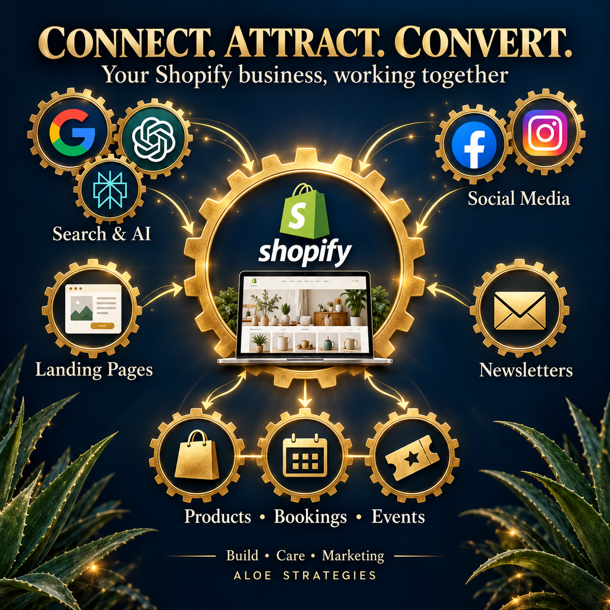 Connect, attract, convert: Shopify, search and AI, social media, newsletters and landing pages leading to products, bookings and events