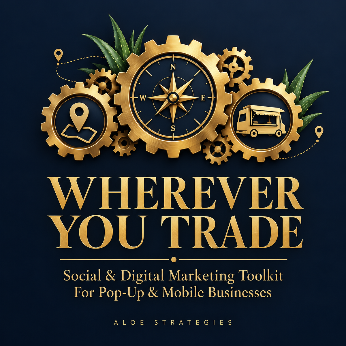 Wherever You Trade — Social & Digital Marketing Toolkit for Pop-Up & Mobile Businesses, with gold compass, map pin and van cogs and subtle aloe leaves